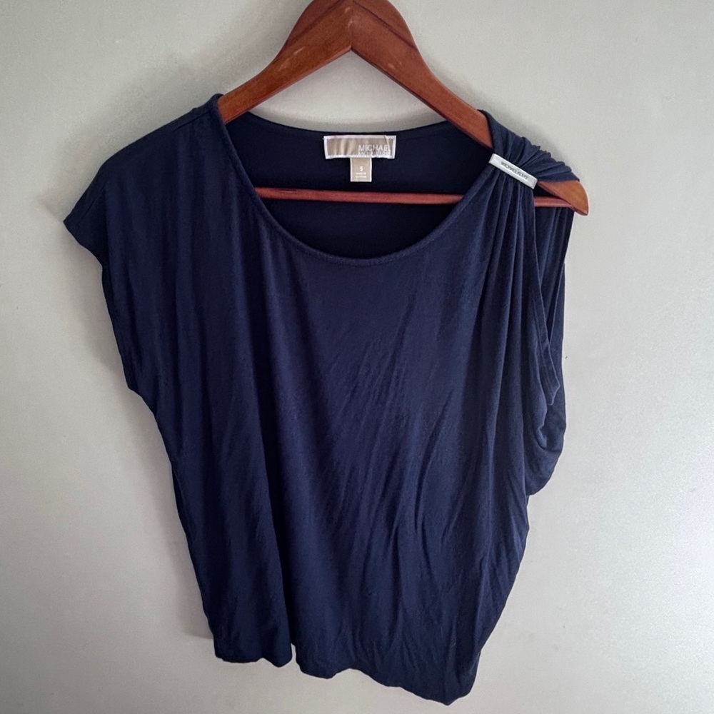 Michael Kors One Shoulder Ruched Top Navy Blue Silver Logo Accent Size: Small